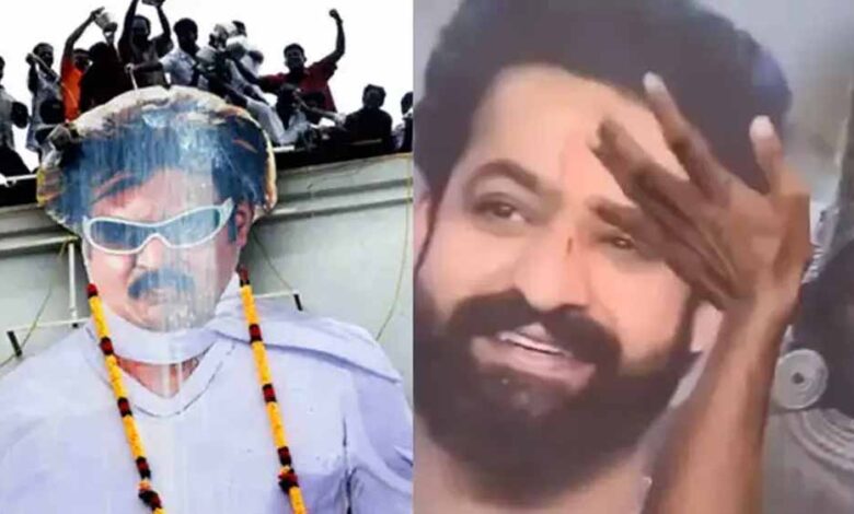 Jr NTR और रजनीकांत के लिए फैंस का जुनून चरम पर – पोस्टरों पर ‘खून से तिलक’ और ‘दूध अभिषेक’
